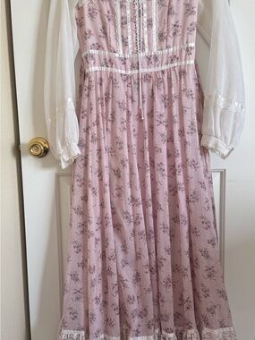Gunne Sax Vintage 1970’s Pink Floral Maxi Dress with Sheer White Sleeves